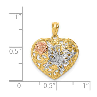 14k Yellow, White and Rose Gold Butterfly and Flower Heart Pendant