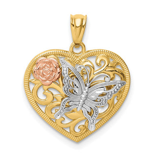 14k Yellow, White and Rose Gold Butterfly and Flower Heart Pendant