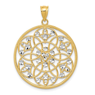 14k Yellow Gold and Rhodium Diamond-cut Circle Pendant
