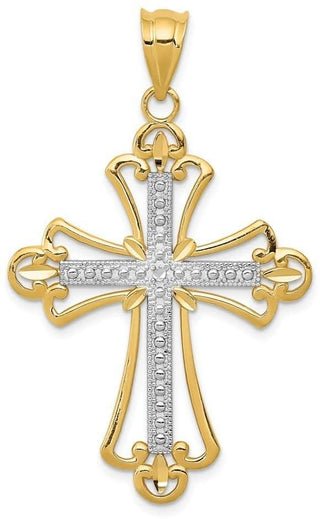 14k Yellow Gold and Rhodium Budded Cross Pendant