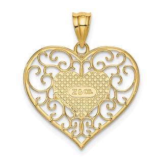 14k Yellow Gold Heart In Heart Polished and Filigree Pendant