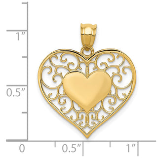 14k Yellow Gold Heart In Heart Polished and Filigree Pendant