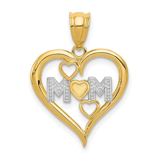 14k Yellow Gold And Rhodium Diamond-Cut Mom Heart Pendant