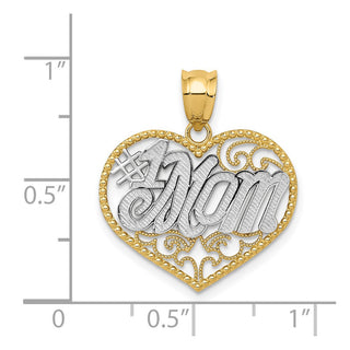 14k Yellow Gold And Rhodium Filigree #1 Mom Heart Pendant