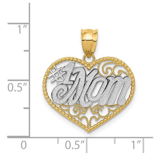 14k Yellow Gold And Rhodium Filigree #1 Mom Heart Pendant