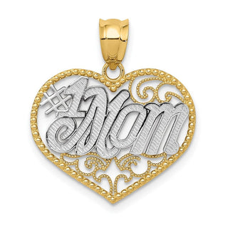 14k Yellow Gold And Rhodium Filigree #1 Mom Heart Pendant