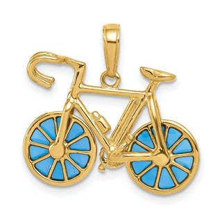 14k Yellow Gold 3-D Blue Enameled Moveable Bicycle Pendant