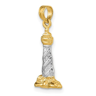 Mens 14k Yellow Gold And Rhodium 3-D Cape Hatteras Lighthouse Pendant