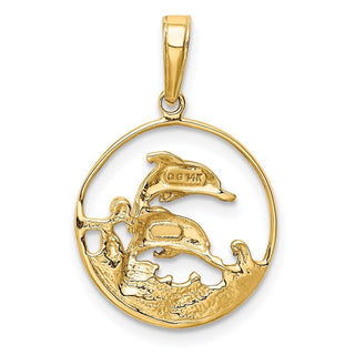 14k Yellow Gold And Rhodium Double Dolphins In Circle Pendant