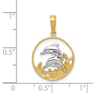 14k Yellow Gold And Rhodium Double Dolphins In Circle Pendant