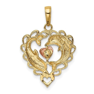 14k Yellow and Rose Gold with Rhodium Dolphins in Heart Pendant