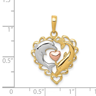 14k Yellow and Rose Gold with Rhodium Dolphins in Heart Pendant