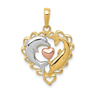 14k Yellow and Rose Gold with Rhodium Dolphins in Heart Pendant