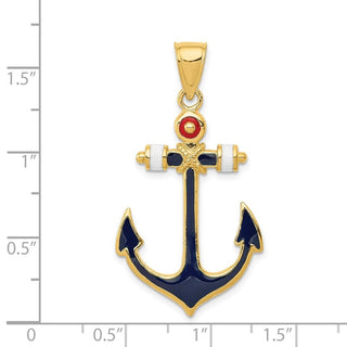 14k Yellow Gold 2-D Red, White, and Blue Enameled Anchor Pendant