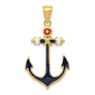 14k Yellow Gold 2-D Red, White, and Blue Enameled Anchor Pendant