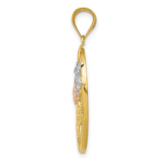 14k Yellow and Rose Gold with Rhodium Diamond-cut Oval Floral Pendant