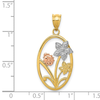 14k Yellow and Rose Gold with Rhodium Diamond-cut Oval Floral Pendant