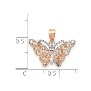 14k Rose Gold With Rhodium Diamond-Cut Butterfly Pendant