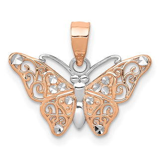 14k Rose Gold With Rhodium Diamond-Cut Butterfly Pendant