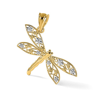 14k Yellow Gold And Rhodium Filigree Dragonfly Pendant