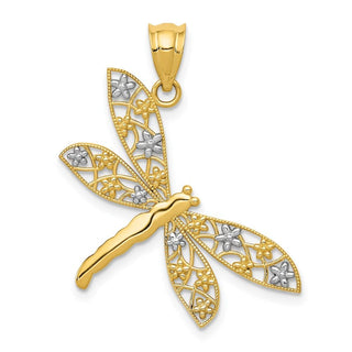 14k Yellow Gold And Rhodium Filigree Dragonfly Pendant