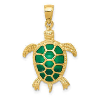 14k Yellow Gold Green Enameled Sea Turtle Pendant