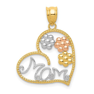 14k Yellow, White and Rose Gold Mom and Flowers Pendant