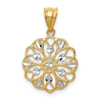 14k Yellow Gold w/Rhodium Diamond-Cut Round Pendant