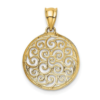 14k Yellow Gold w/Rhodium Filigree Circle Pendant