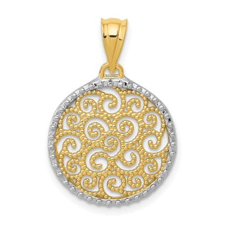 14k Yellow Gold w/Rhodium Filigree Circle Pendant