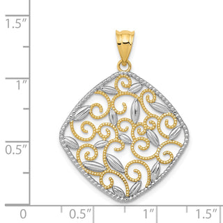 14k Yellow Gold w/Rhodium Diamond-Cut Filigree Swirl Pendant