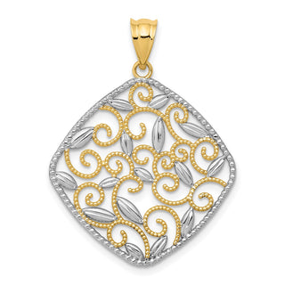 14k Yellow Gold w/Rhodium Diamond-Cut Filigree Swirl Pendant