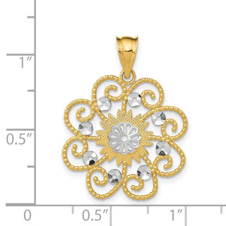 14k Yellow Gold and Rhodium Diamond-cut Swirl Round Pendant