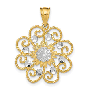 14k Yellow Gold and Rhodium Diamond-cut Swirl Round Pendant