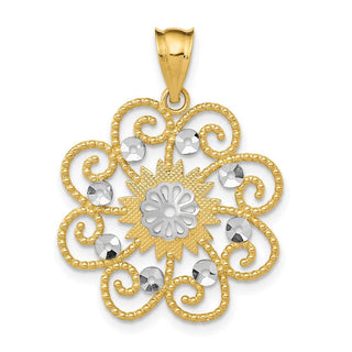 14k Yellow Gold and Rhodium Diamond-cut Swirl Round Pendant