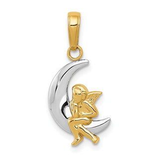 14k Yellow Gold and Rhodium Polished Moon w/Angel Pendant