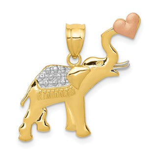 14k Yellow and Rose Gold w/ Rhodium Diamond-cut Elephant w/ Heart Pendant