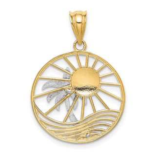 14k Yellow and White Gold Cutout Sun and Palm Tree Pendant