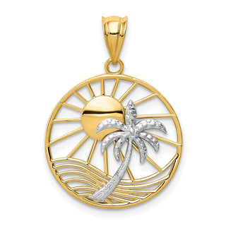 14k Yellow and White Gold Cutout Sun and Palm Tree Pendant
