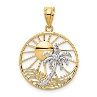 14k Yellow and White Gold Cutout Sun and Palm Tree Pendant