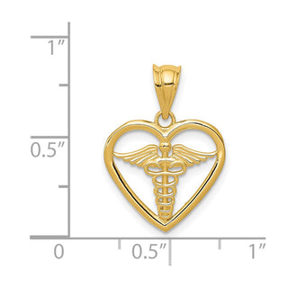 14k Yellow Gold Caduceus Heart Medical Pendant