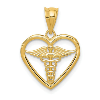 14k Yellow Gold Caduceus Heart Medical Pendant