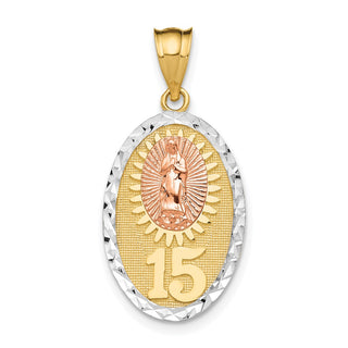 14k Yellow and Rose Gold w/Rhodium Guadalupe and 15 Pendant