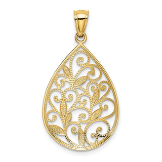 14k Yellow Gold Polished / Textured Filigree Teardrop Pendant