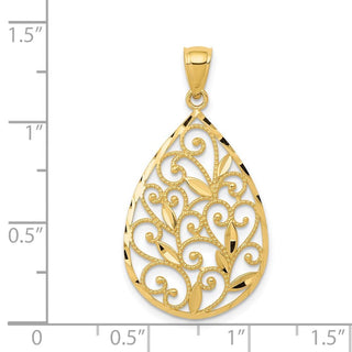 14k Yellow Gold Polished / Textured Filigree Teardrop Pendant