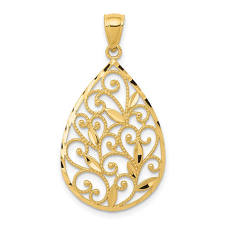 14k Yellow Gold Polished / Textured Filigree Teardrop Pendant