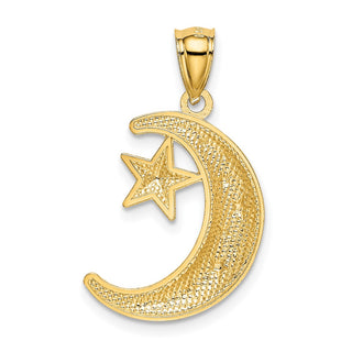 14k Yellow Gold Polished and Textured Moon and Stars Pendant K5299