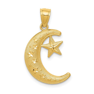 14k Yellow Gold Polished and Textured Moon and Stars Pendant K5299