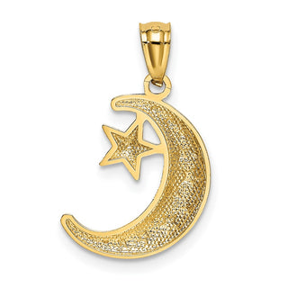 14k Yellow Gold Polished and Textured Moon and Stars Pendant K5305