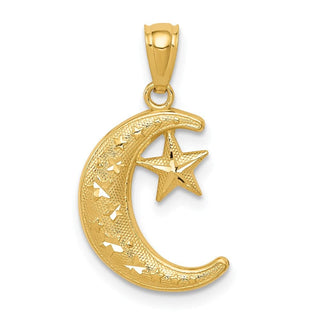 14k Yellow Gold Polished and Textured Moon and Stars Pendant K5305